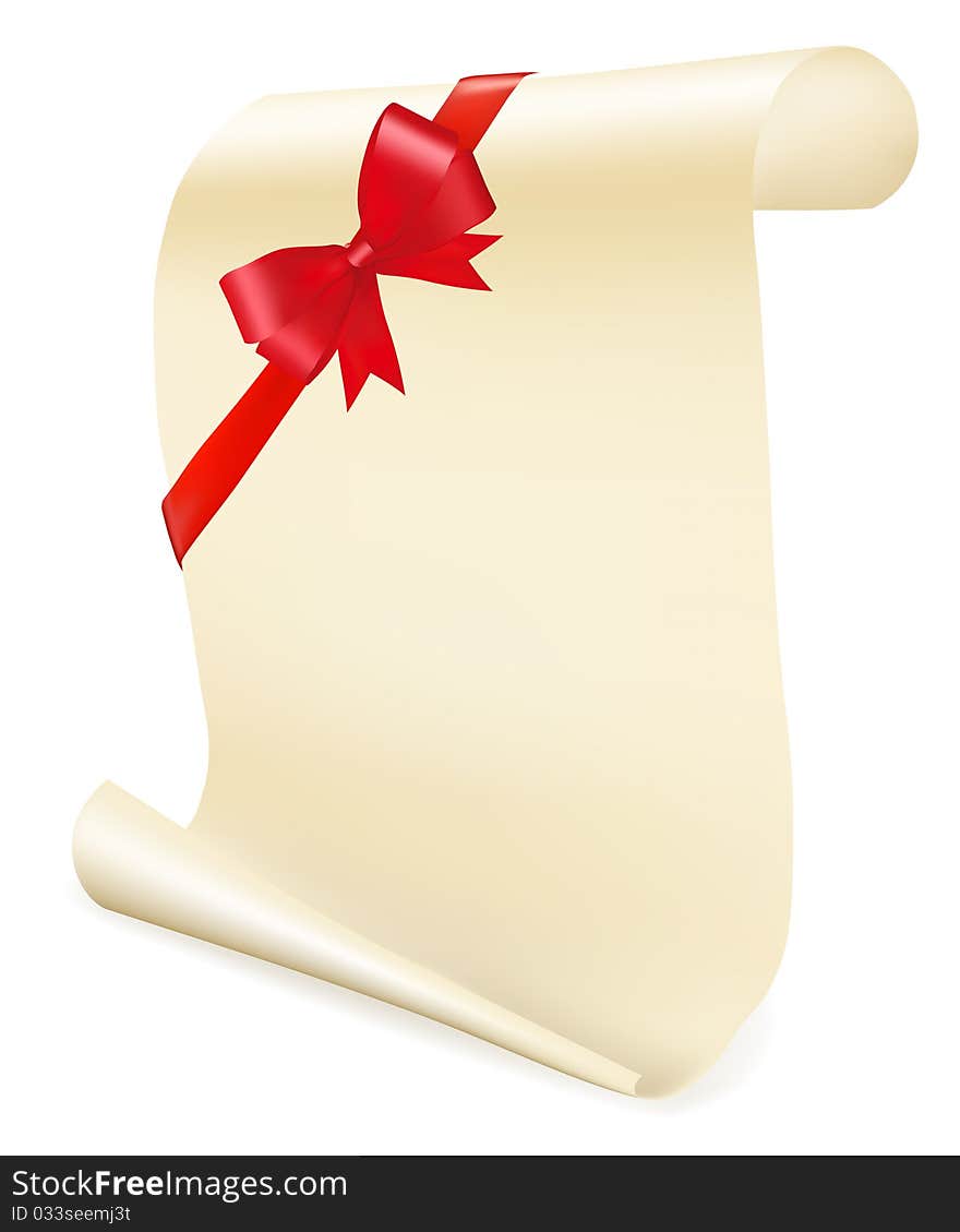 Greeting scroll with red bow. Vector.