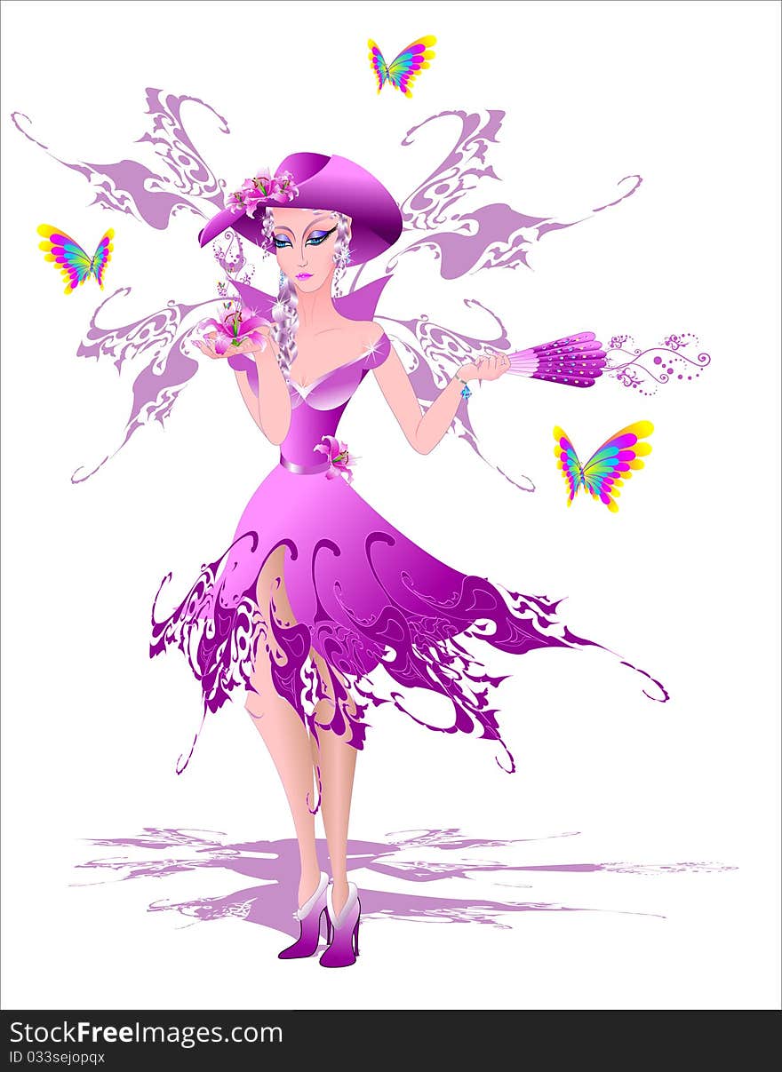 Fairy in a hat, lily in a hand. Vector illustration