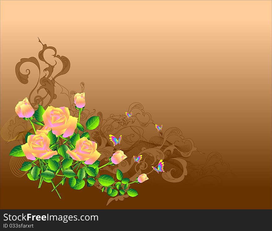 Orange roses and abstract lines on a brown background. Vector illustration. Orange roses and abstract lines on a brown background. Vector illustration.