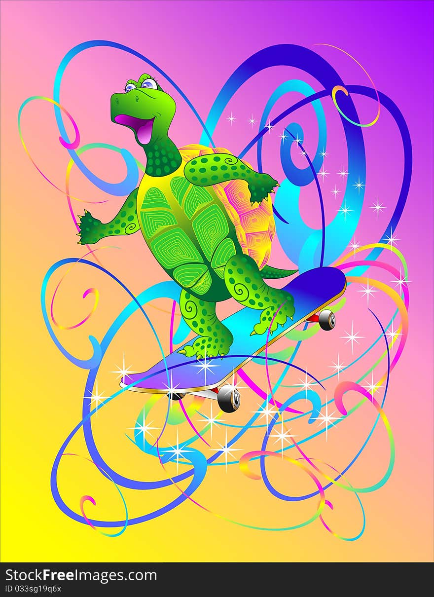 Amusing turtle on a skateboard. Vector illustration.