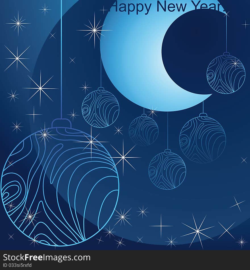 Christmas blue background with balls, stars and moon. Christmas blue background with balls, stars and moon