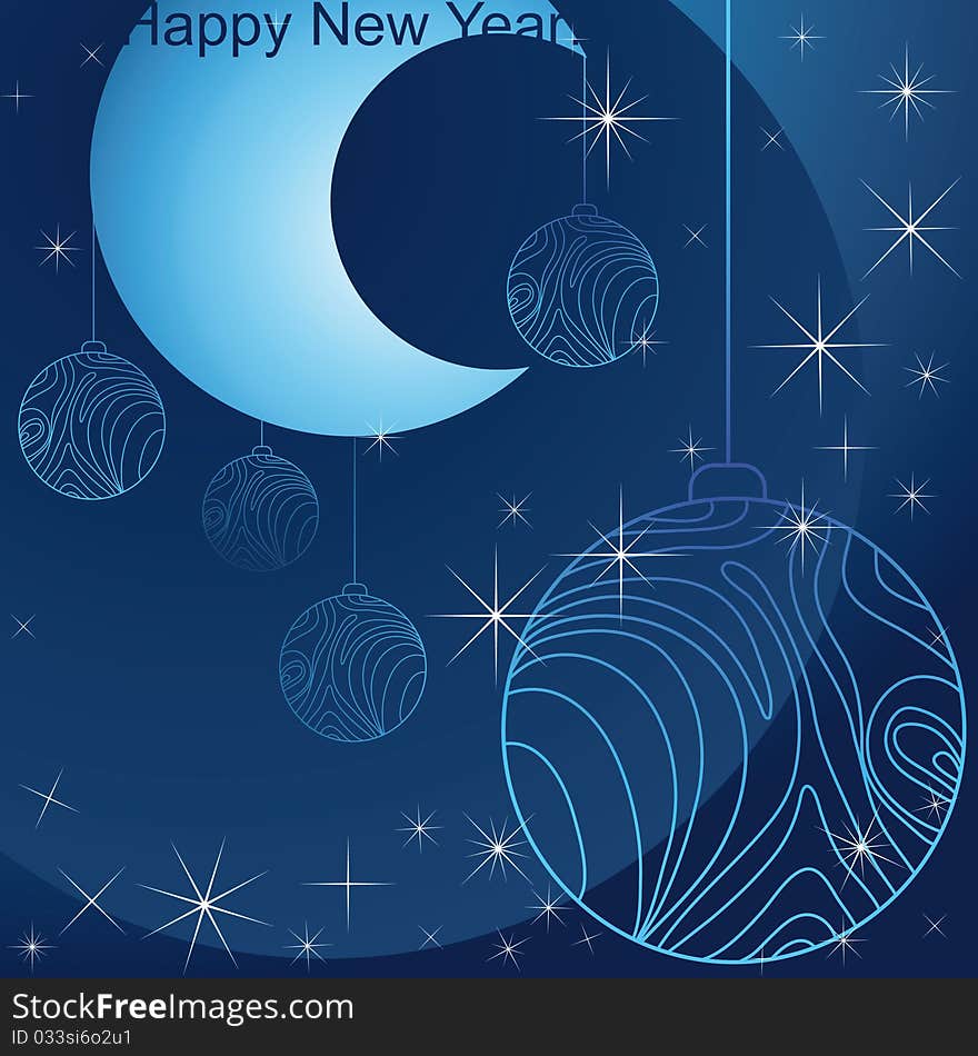 Abstract christmas blue background with balls, stars and moon