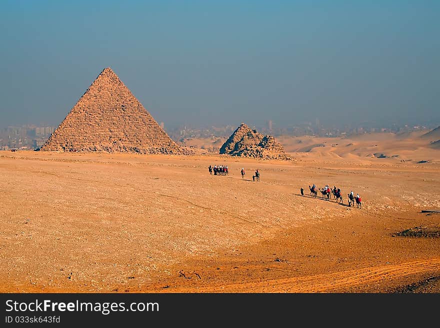 Camel caravan in the Sahara desert moving to the pyramid against Giza city background. Camel caravan in the Sahara desert moving to the pyramid against Giza city background