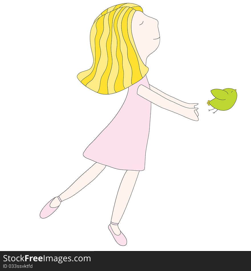 Illustration of a girl releasing a bird. Illustration of a girl releasing a bird.