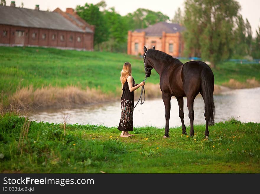 Woman and horse portrait, pretty