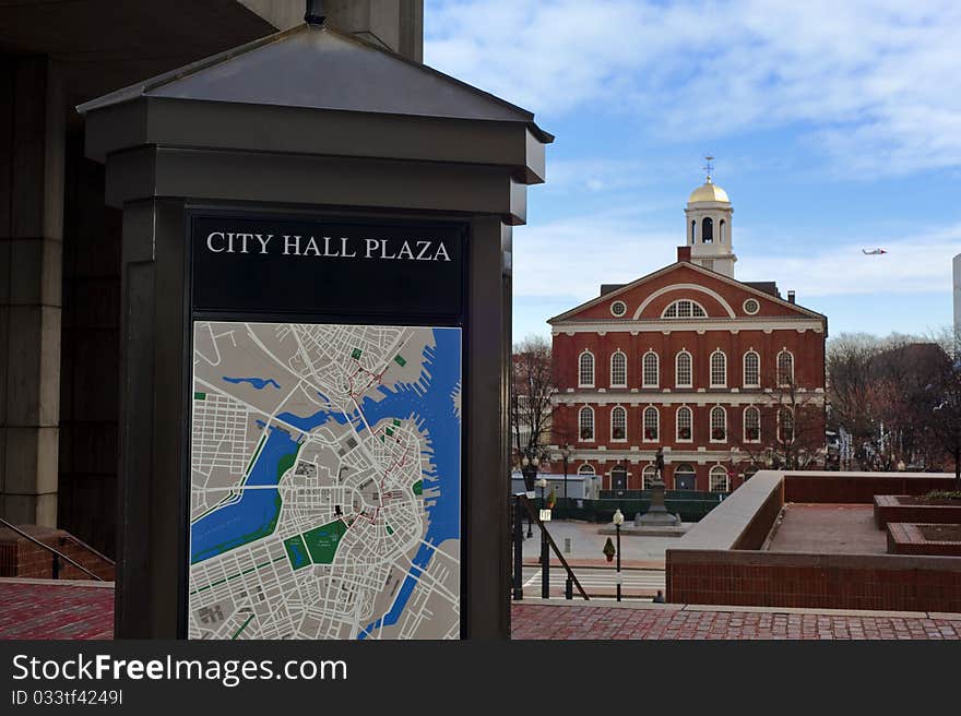 A signage of city hall plaza by faneuil hall marketplace. A signage of city hall plaza by faneuil hall marketplace