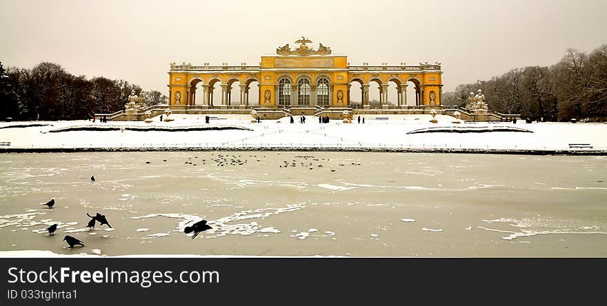 The building is on top of the hill overlooking the Schonbrunn Palaca in Vienna, Austria. The building is on top of the hill overlooking the Schonbrunn Palaca in Vienna, Austria.