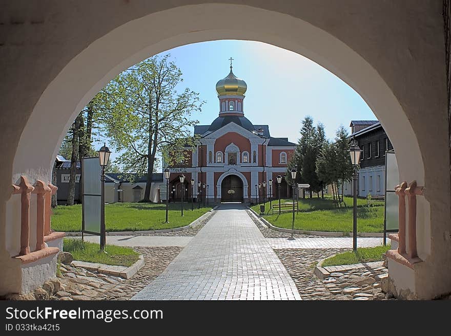 View through arch of church Iversky Monastery, Russia. View through arch of church Iversky Monastery, Russia.