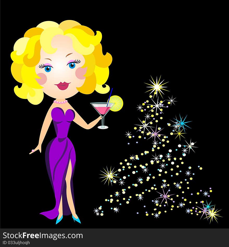 Beautiful blonde dressed in a lavender dress drink martinis about decorating Christmas tree. Beautiful blonde dressed in a lavender dress drink martinis about decorating Christmas tree