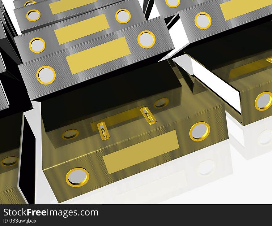 Gold and gray document cases, white reflective background. Gold and gray document cases, white reflective background.