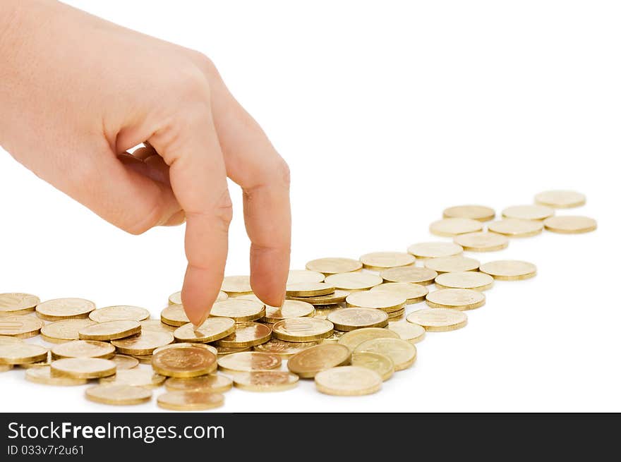 Hands with coins isolated on white