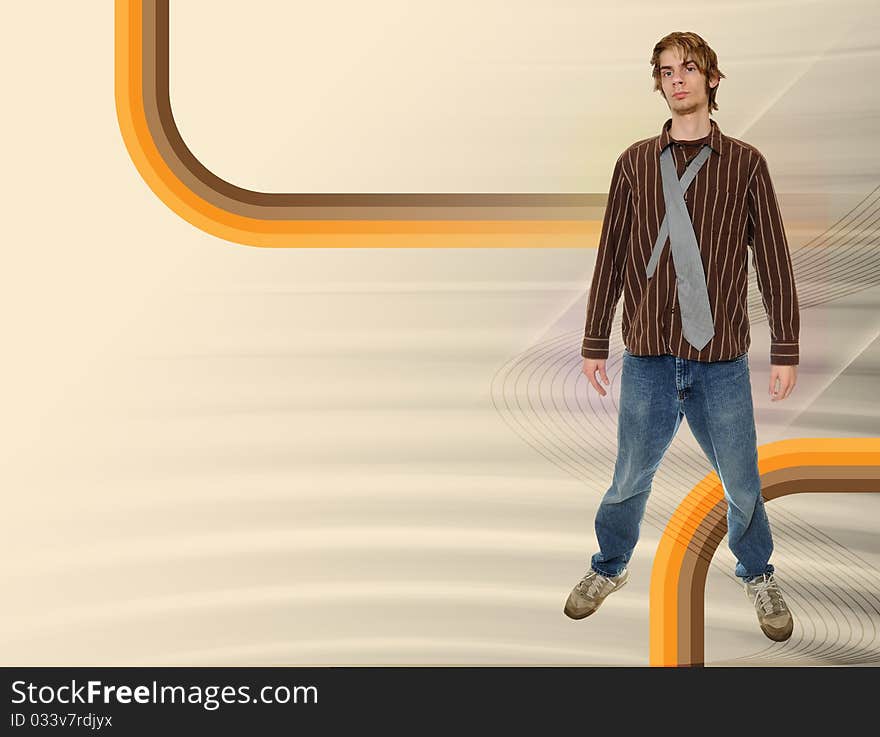 Young Caucasian teenage male wears vintage brown shirt over a reto background. Young Caucasian teenage male wears vintage brown shirt over a reto background