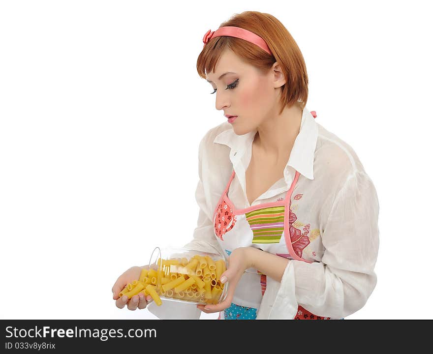 Beautiful cooking woman in apron with italian pasta. isolated on white background. Beautiful cooking woman in apron with italian pasta. isolated on white background