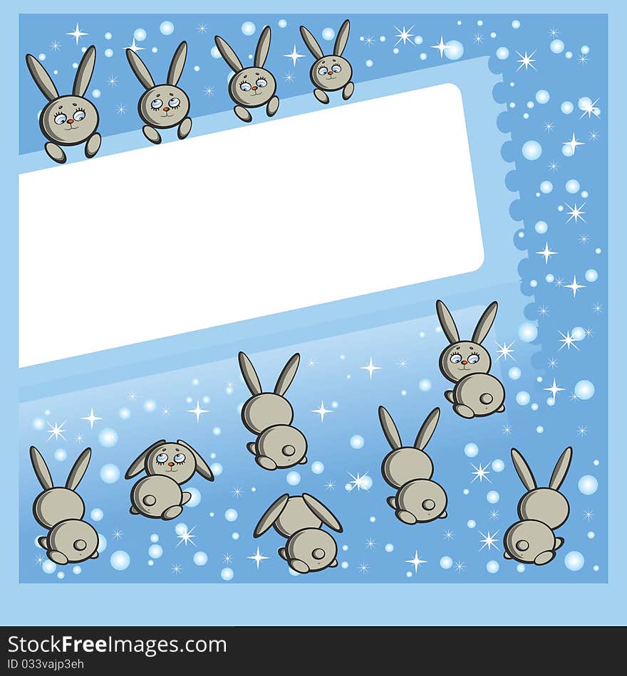 The New year's frame. The Figures a hares around (the symbol of year on Chinese calendar). The Snowflakes. The New year's frame. The Figures a hares around (the symbol of year on Chinese calendar). The Snowflakes.