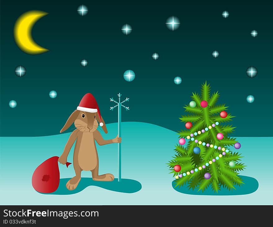 Christmas tree and rabbit. Vector illustration