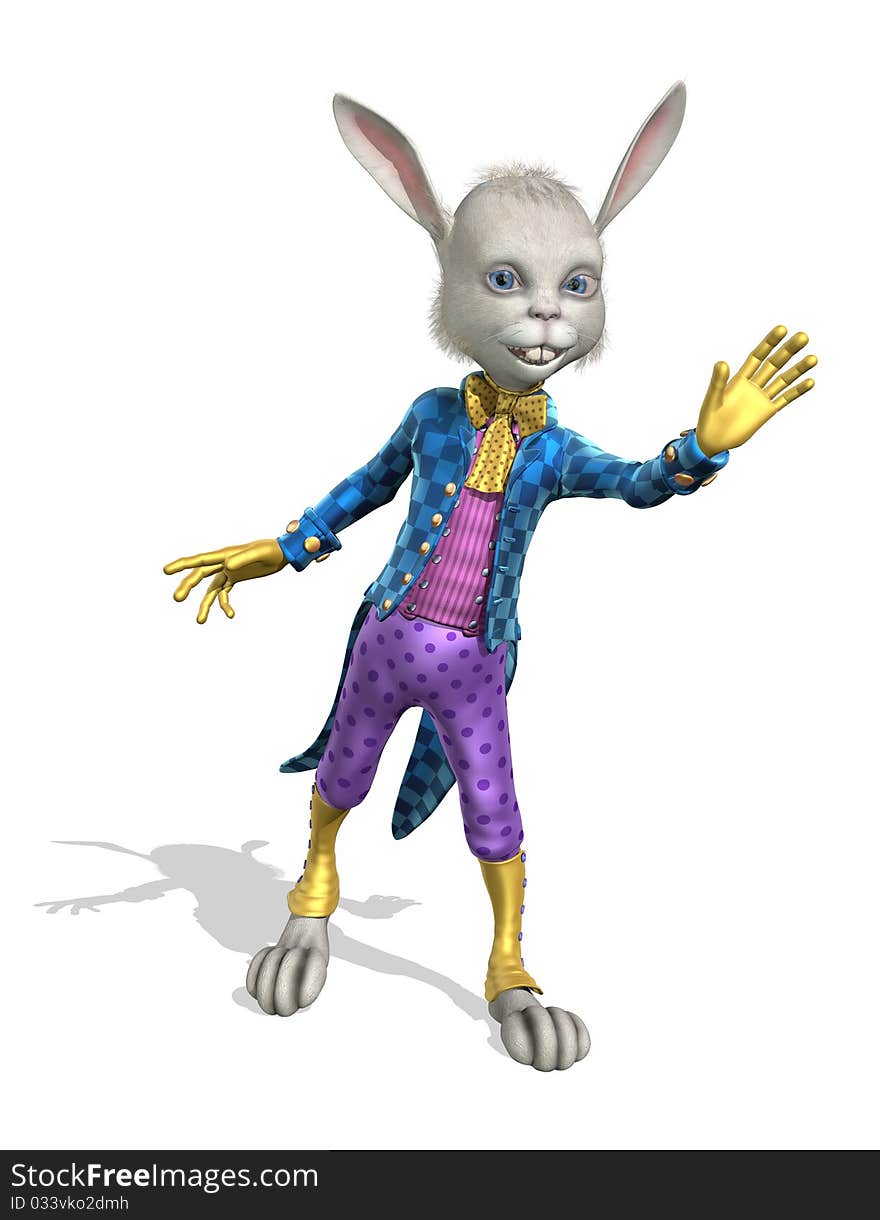 An Easter Bunny dressed in colorful clothes offers a friendly greeting - 3D render. An Easter Bunny dressed in colorful clothes offers a friendly greeting - 3D render.