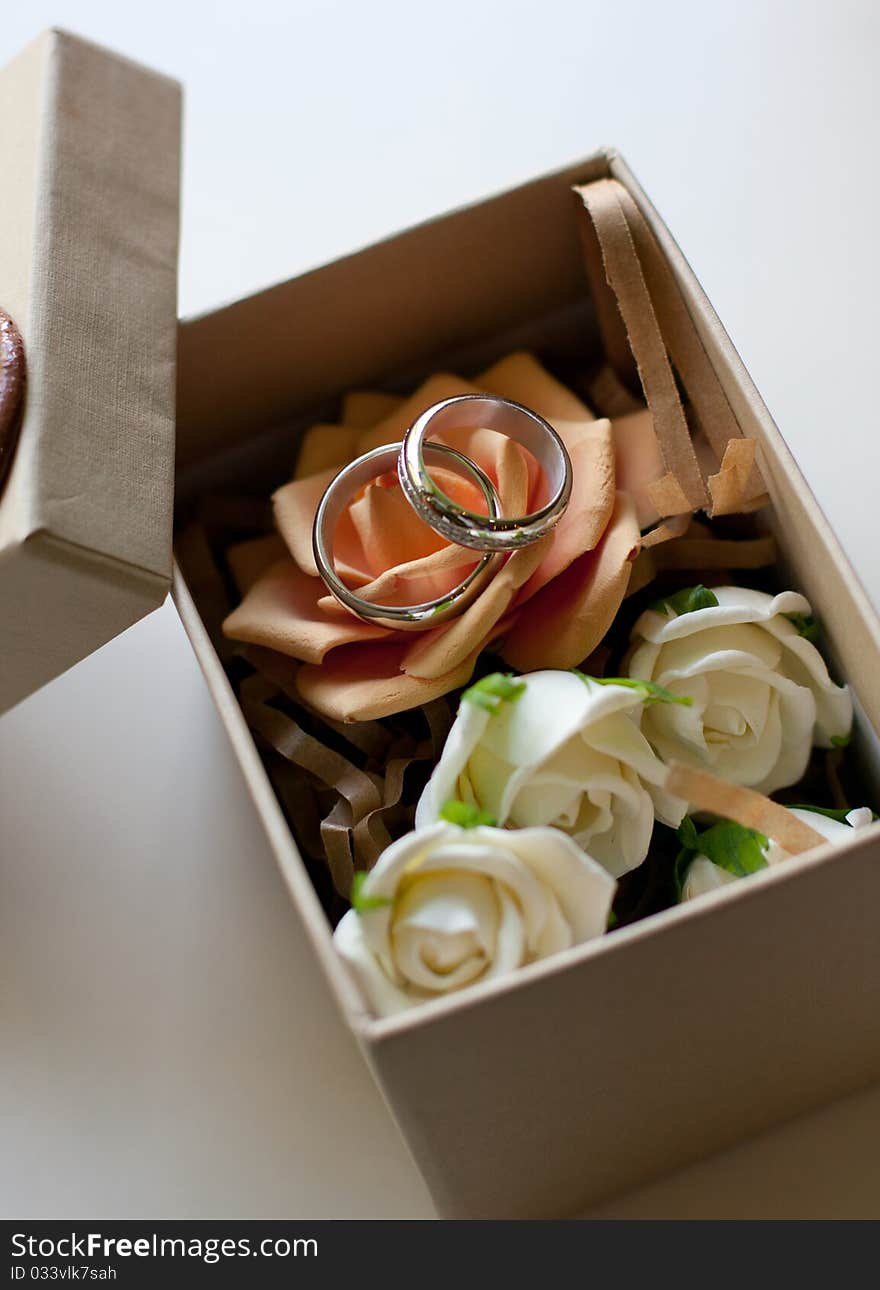 Rings newlyweds made of white gold are in a box with decorations. Rings newlyweds made of white gold are in a box with decorations