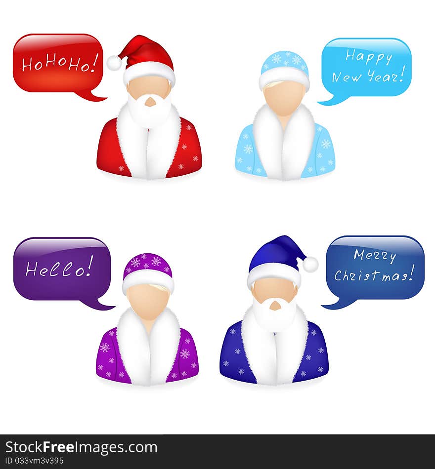 2 Snow Maiden And 2 Santa Claus Icons With Dialog Bubbles, Isolated On White, Vector Illustration. 2 Snow Maiden And 2 Santa Claus Icons With Dialog Bubbles, Isolated On White, Vector Illustration