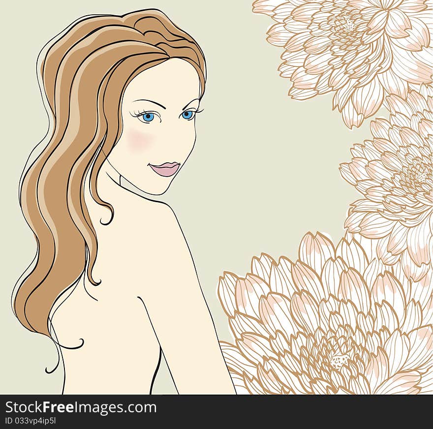 Background with girl and decorative flowers