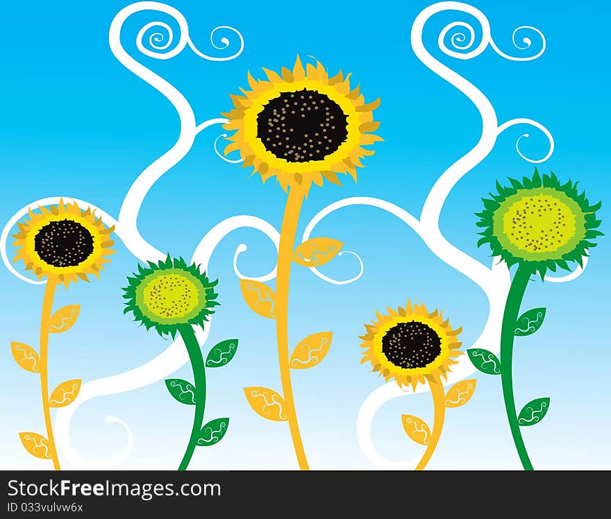 Abstract sunflowers Illustration summer blue sky orange xellow red. Abstract sunflowers Illustration summer blue sky orange xellow red