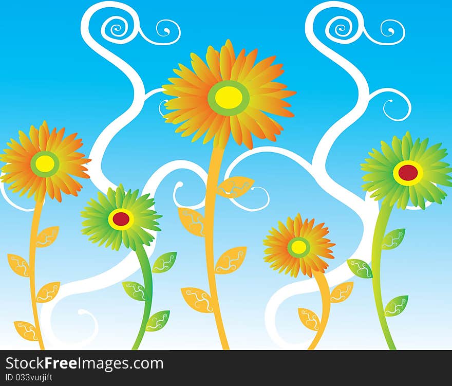 Abstract sunflowers  Illustration
summer blue sky orange xellow red. Abstract sunflowers  Illustration
summer blue sky orange xellow red