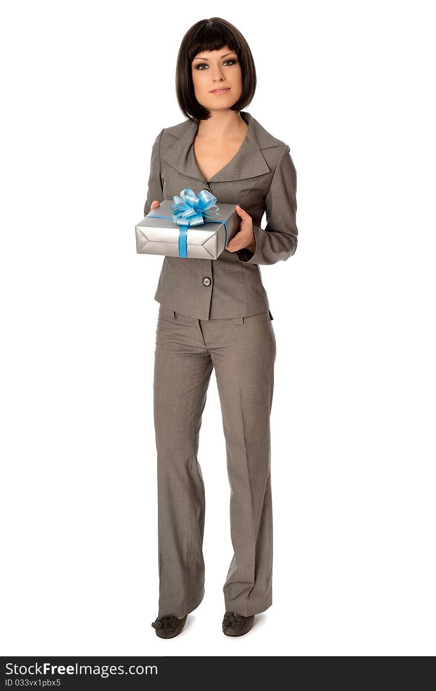 Woman giving a silver box with blue bow as a gift. Woman giving a silver box with blue bow as a gift