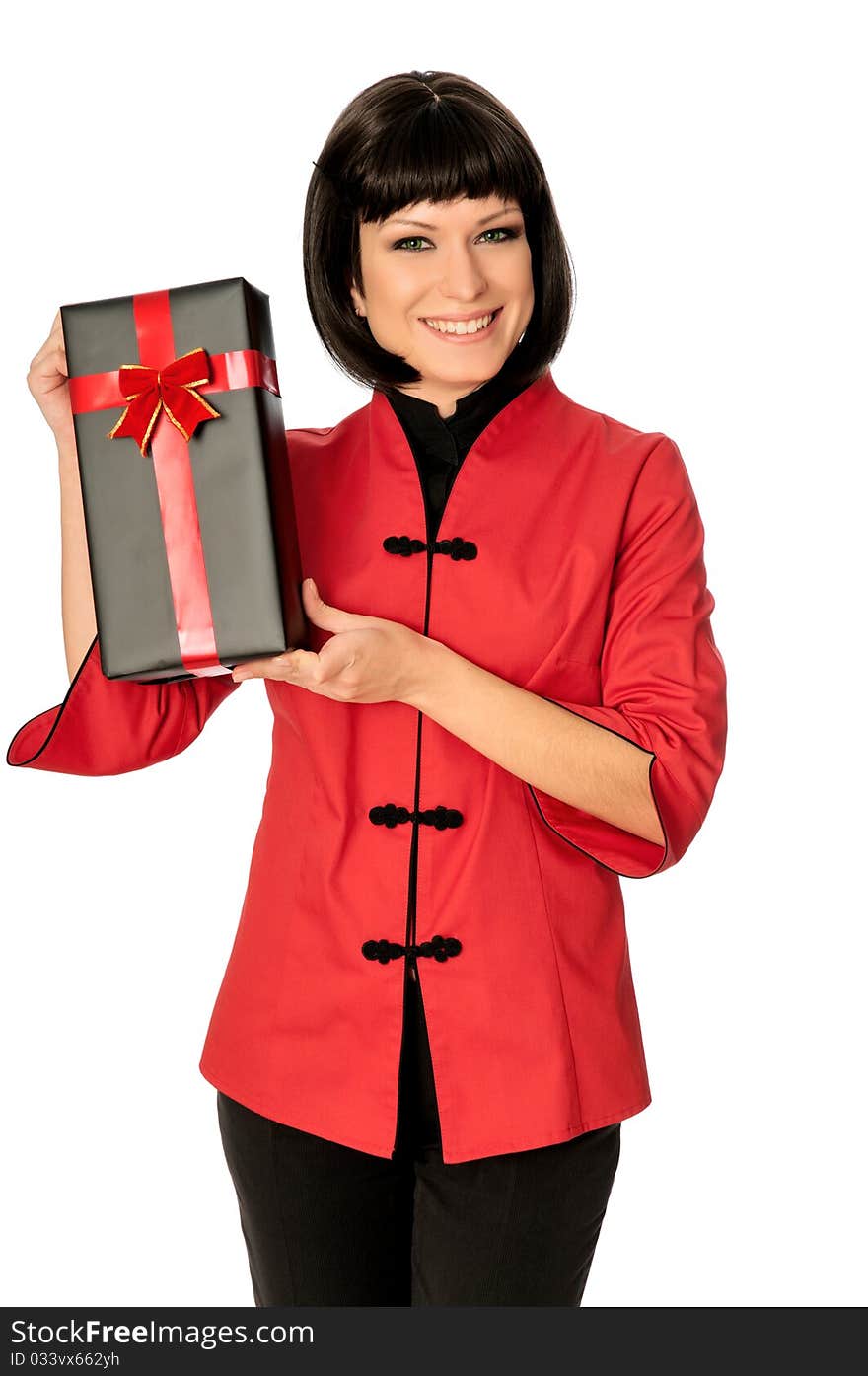 The happy woman dressed in Chinese style has bought a gift at a discount. The happy woman dressed in Chinese style has bought a gift at a discount