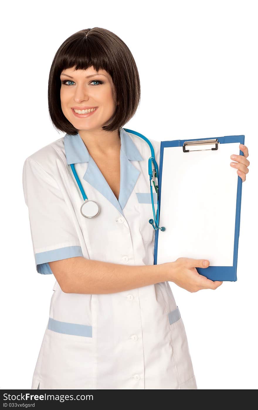 The doctor holding clipboard with blank paper in the hand