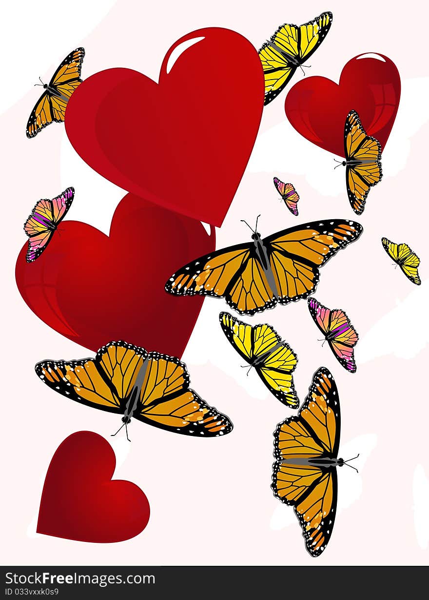 Butterflies floating around hearts