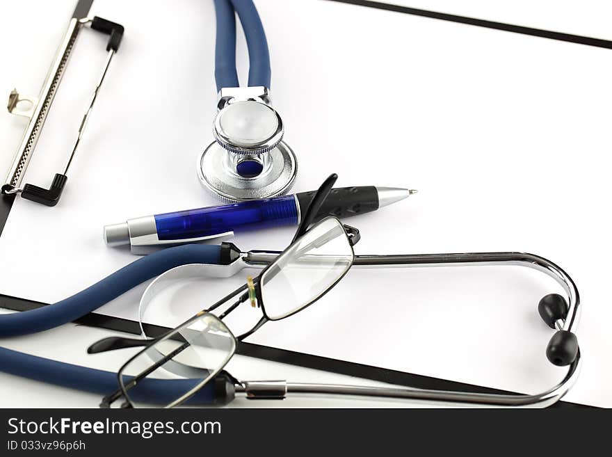 Blue stethoscope on a white background