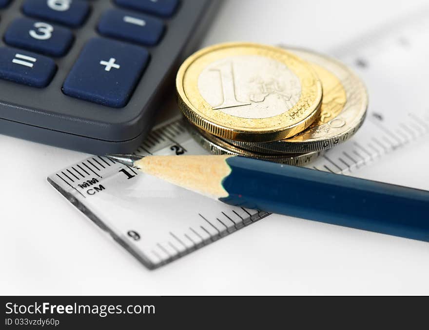 Euro coins closeup on blue background