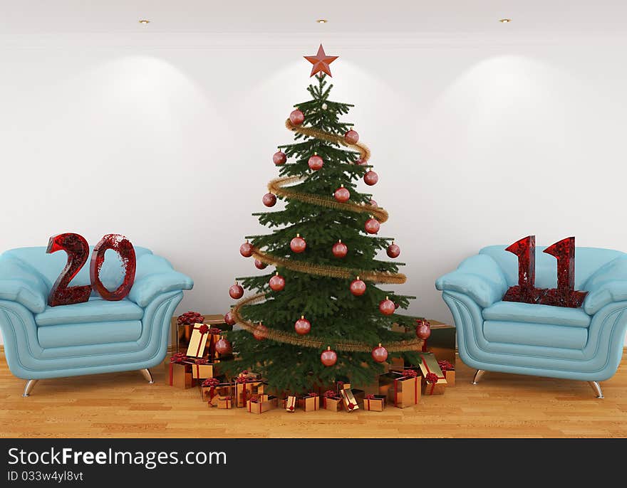 3d image Christmas tree in the interior with blue leathern chairs, and 2011 from water. 3d image Christmas tree in the interior with blue leathern chairs, and 2011 from water