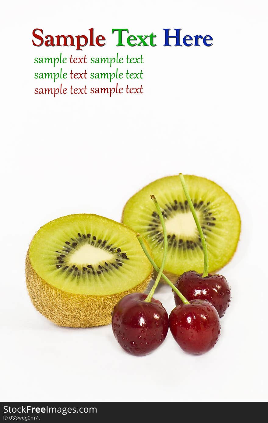 Kiwi and cherry fruit isolated on white background with sample text area.