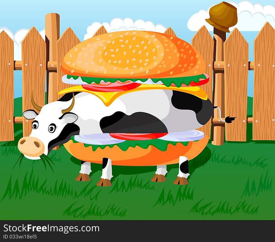 Conceptual hamburger, looks like a cow, fast-food parody. Picture has layers to easy edit. Conceptual hamburger, looks like a cow, fast-food parody. Picture has layers to easy edit