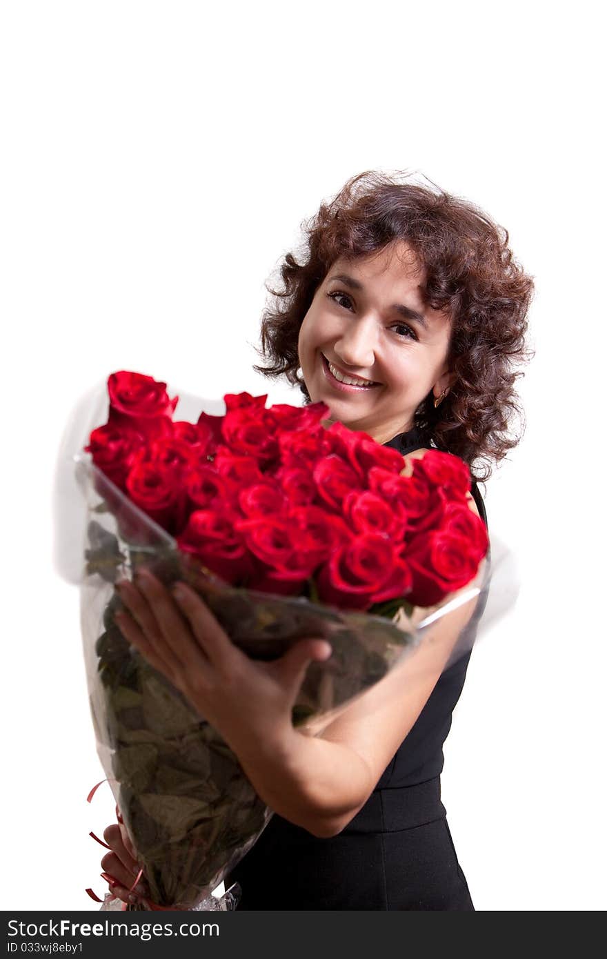 Pretty girl and bouquet red roses. Pretty girl and bouquet red roses