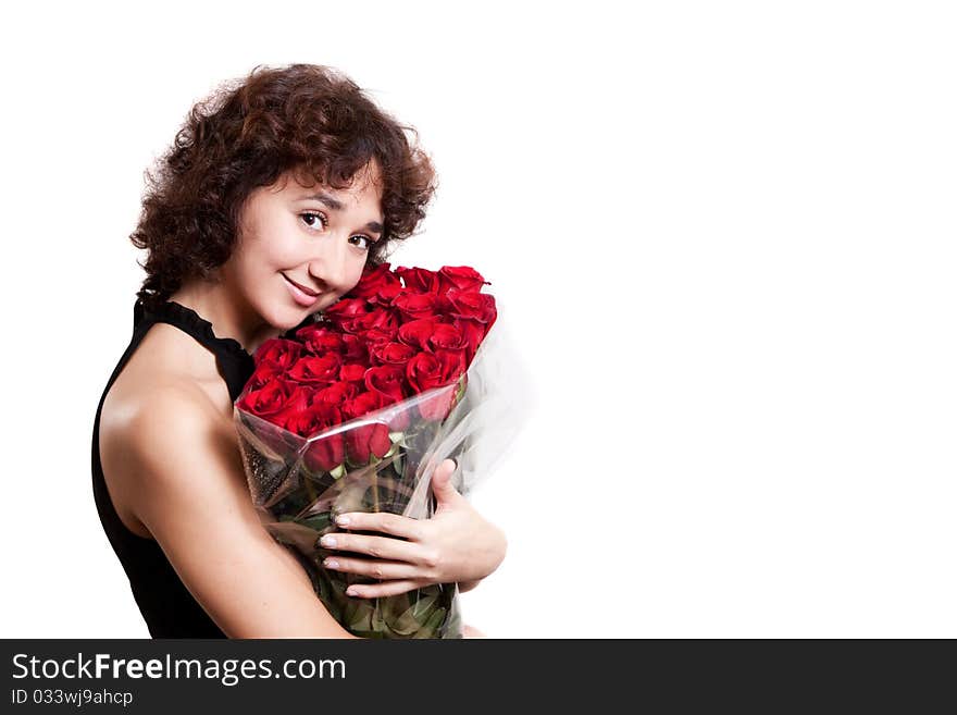 Pretty girl and bouquet red roses. Pretty girl and bouquet red roses