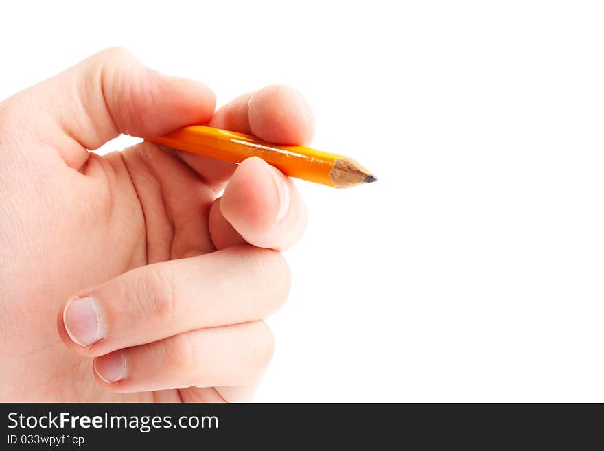 Hand hold pencil. Isolated. Solution