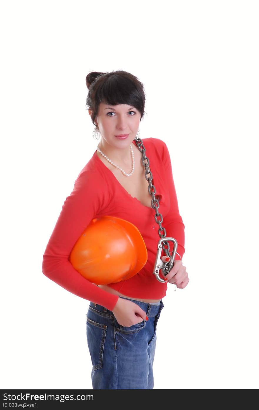 Brunette with a helmet and chain. Brunette with a helmet and chain