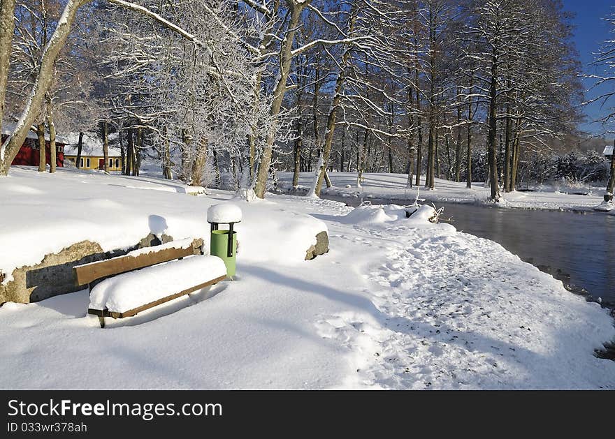 Winter Swedish river landscape in city park. Winter Swedish river landscape in city park