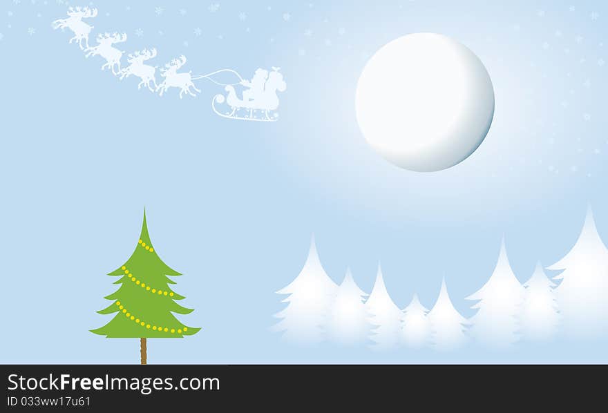 An illustration of a winter scene with the green tree and moon. An illustration of a winter scene with the green tree and moon