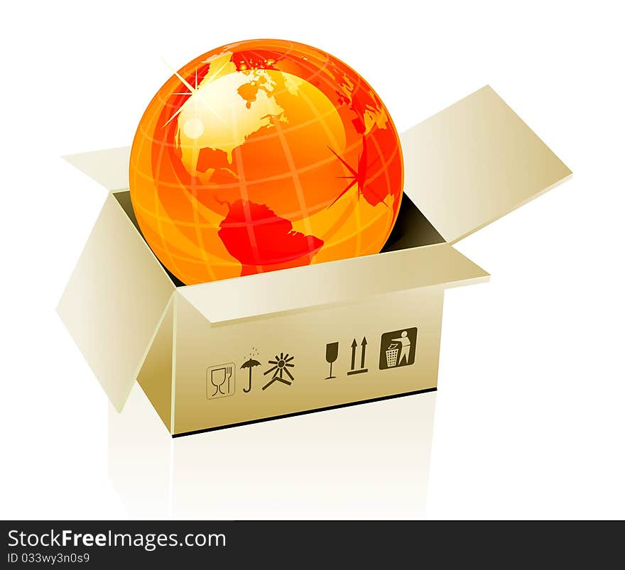 Earth globe in cardboard box on white background