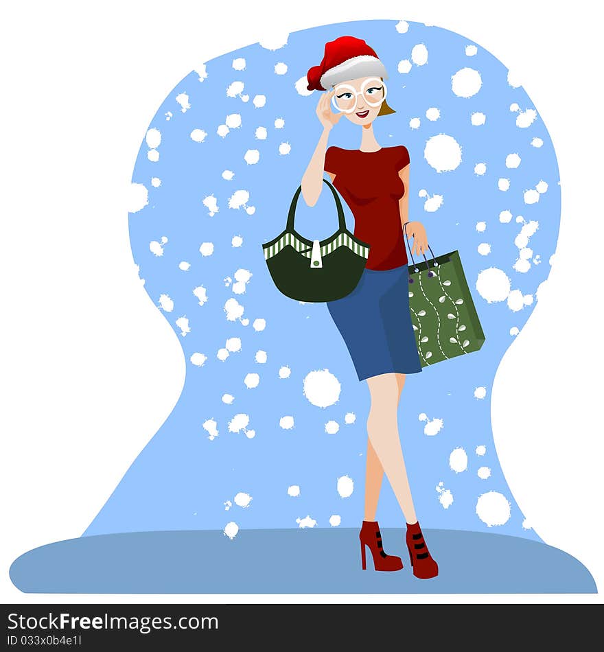 Shopping woman with winter background vector