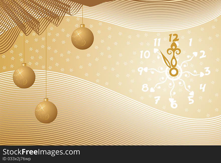 Christmas gold background with Christmas baubles and clock. Christmas gold background with Christmas baubles and clock.