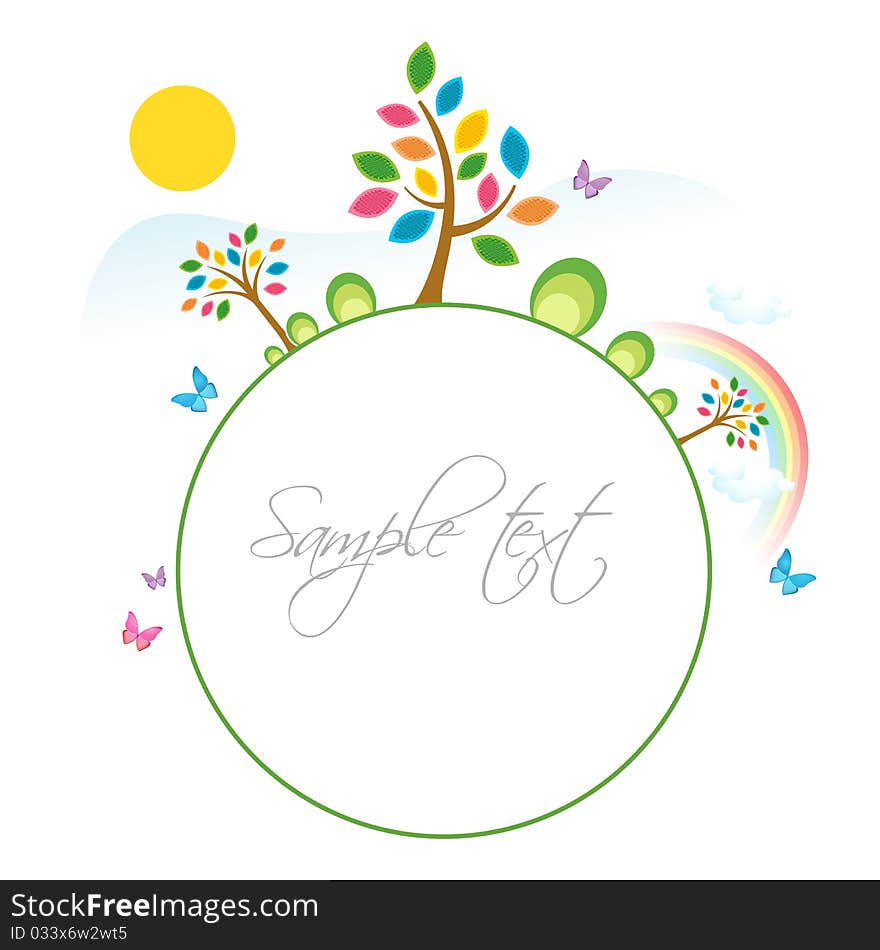 Illustration of natural sample card with tree and sun on white background