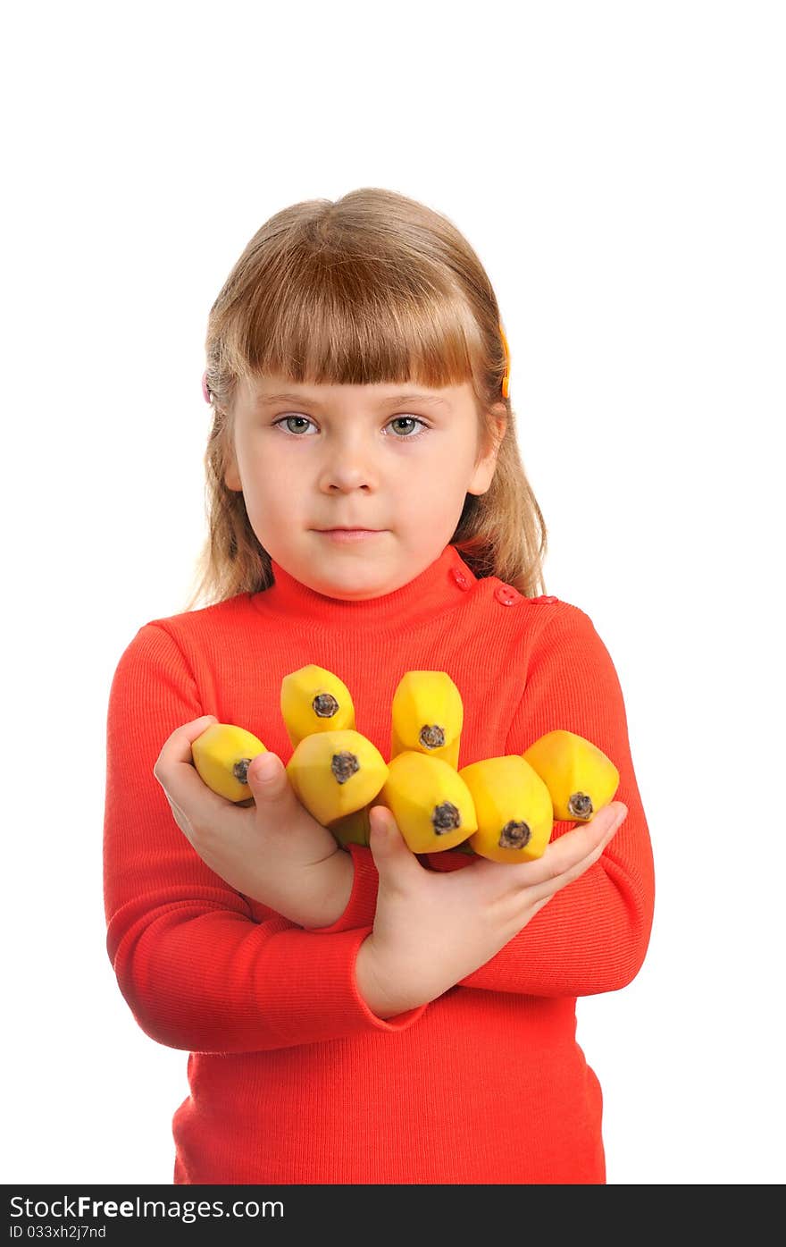 The girl holds a sheaf of bananas