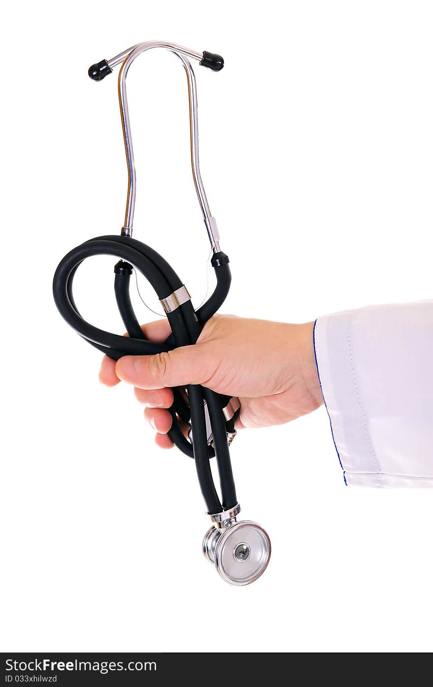 Man's hand with a stethoscope on a white background