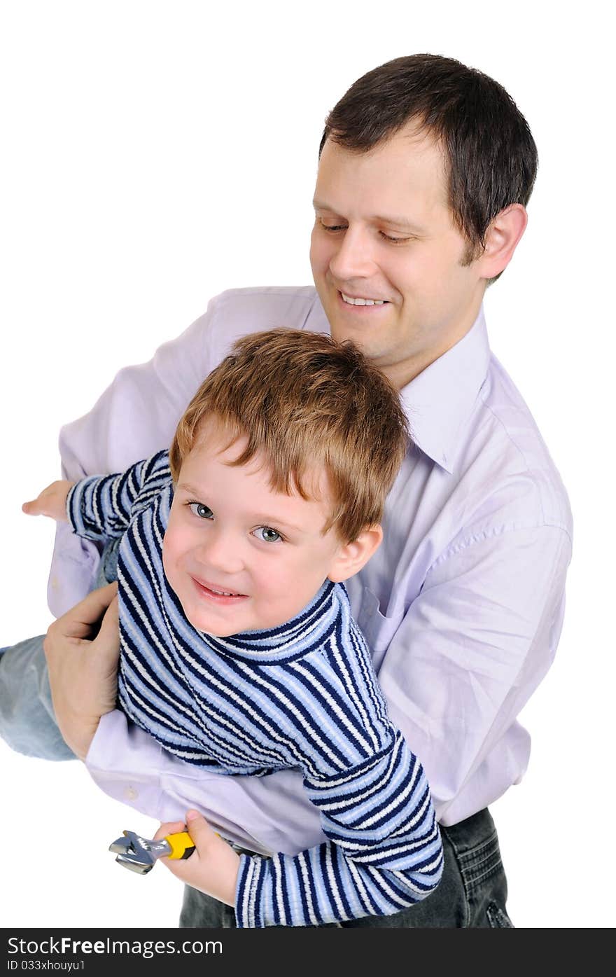 Father with the small son. Isolated over white