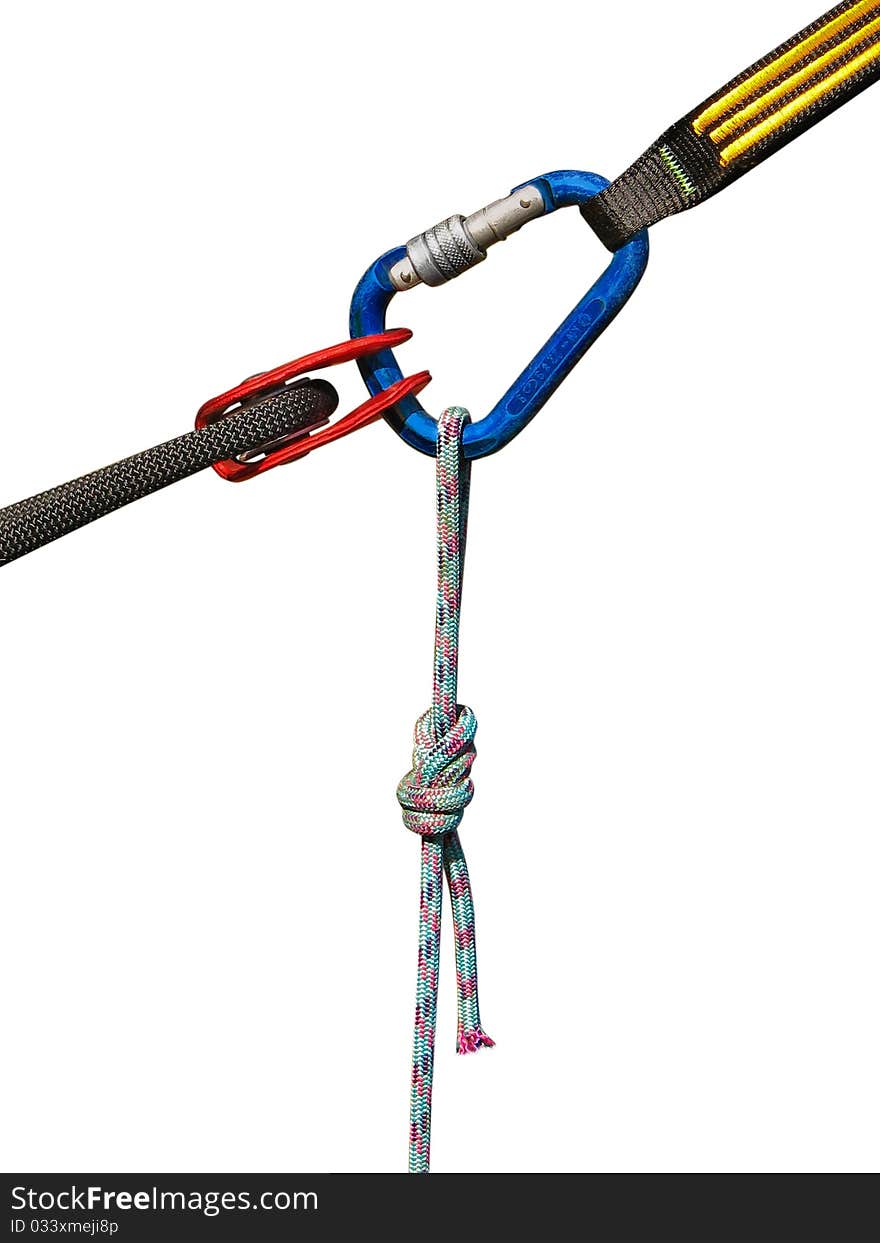 Snap hook with rope and winch over white background