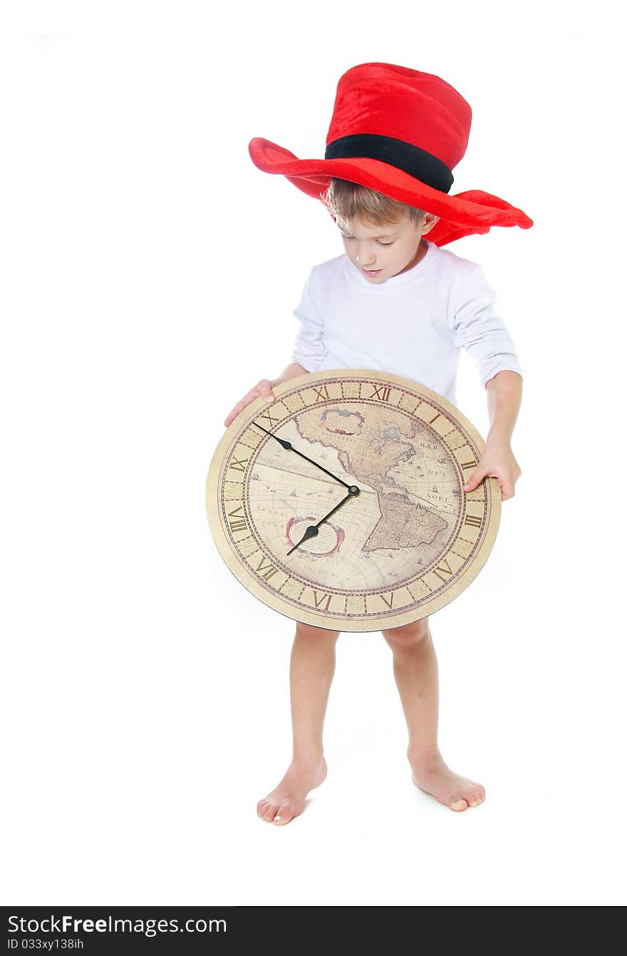 Child in big hat with clocks over white