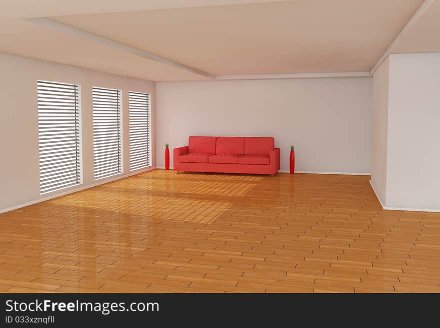 Sofa 3d rendering with vase on wood floor